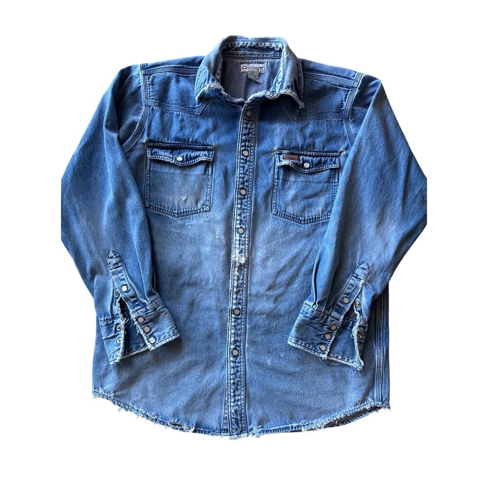 Vintage Carhartt Leather Patch Pearl Snap L Tall Workwear Western Denim Shirt